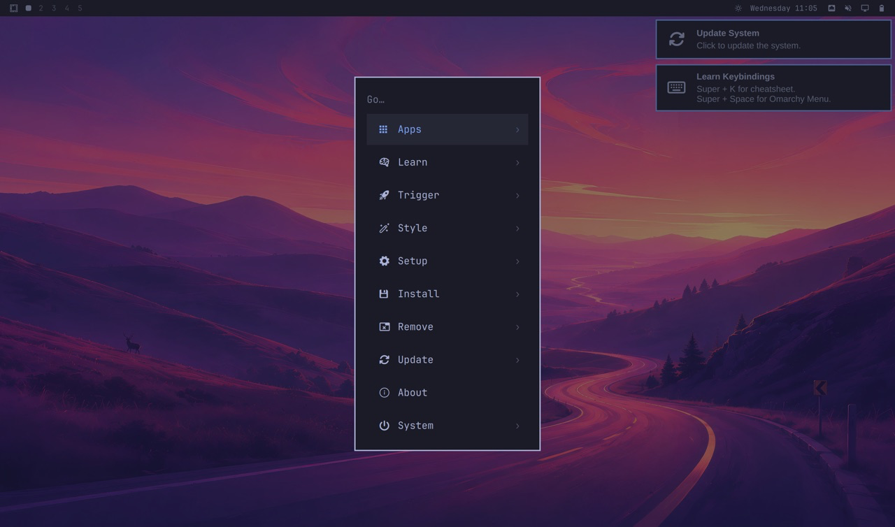Omarchy's bar and menu in VMPal on an M3 MacBook Pro