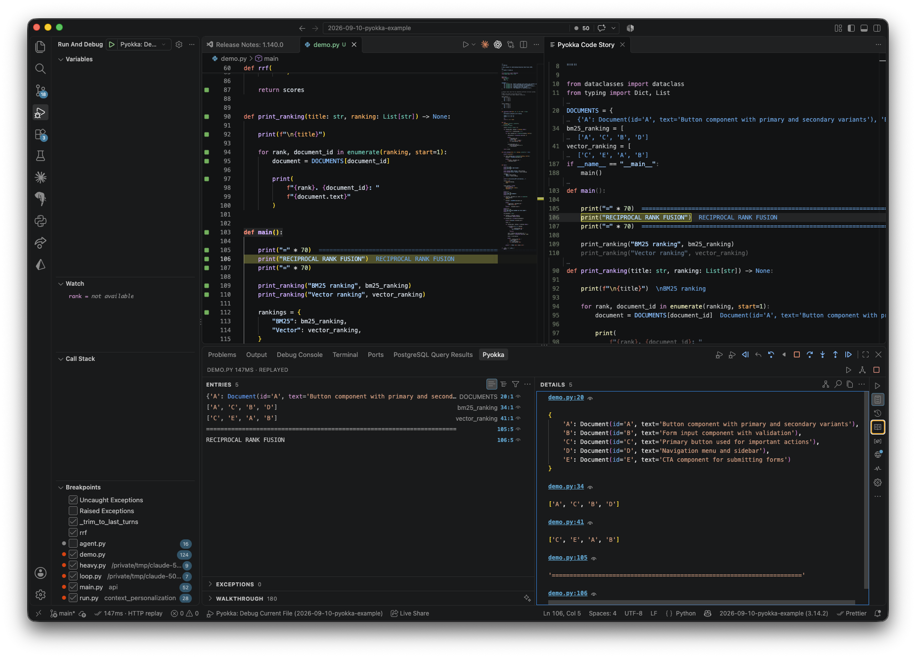 Pyokka in VS Code with recorded Python values and the Code Story panel